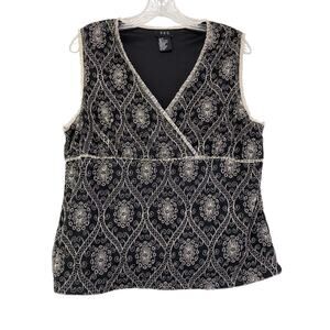 90s Y2K RQT Babydoll Top Sz XL Black Embroidered Ruffle Trim Faux Wrap Mesh Boho